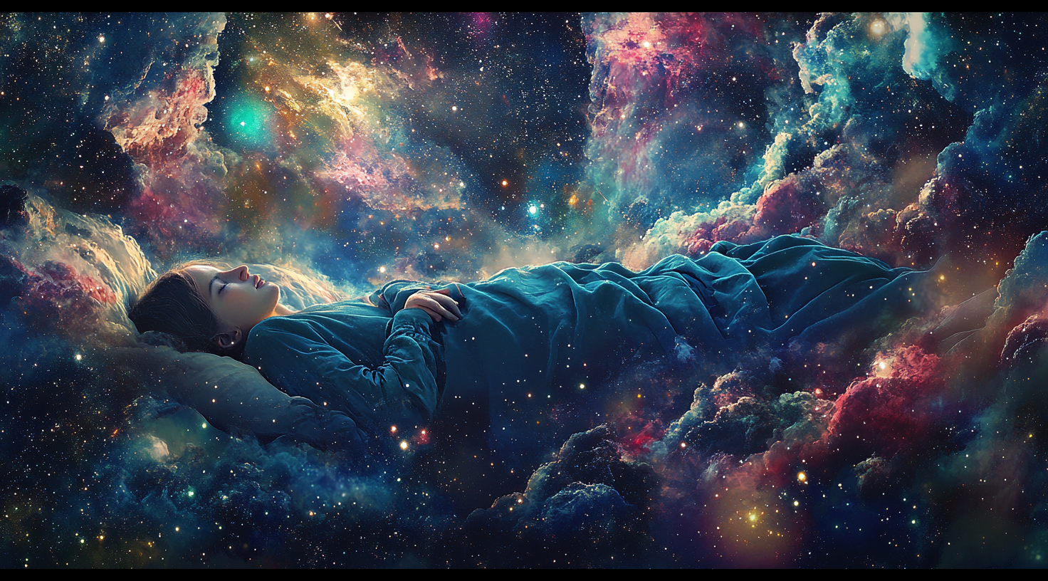 Translucent soul sleeping peacefully among magnificent galaxies.