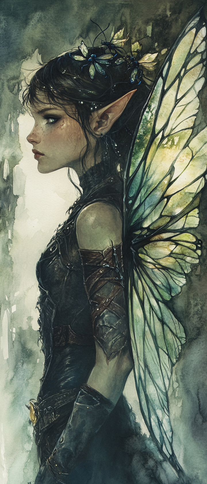 Translucent wings, leather armor, eerie dark fantasy tinker.