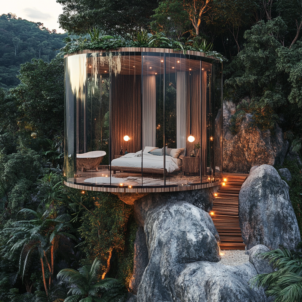 Transparent capsule house in Brazilian jungle with DIY elegance.