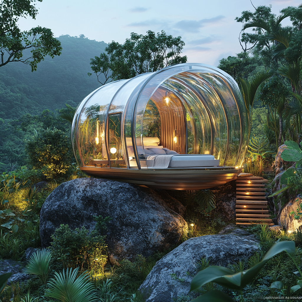 Transparent capsule house on rock in jungle, 5-star setup.