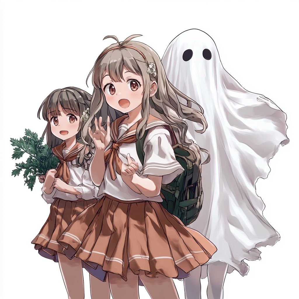 Transparent ghost girl in Halloween costume with three friends.