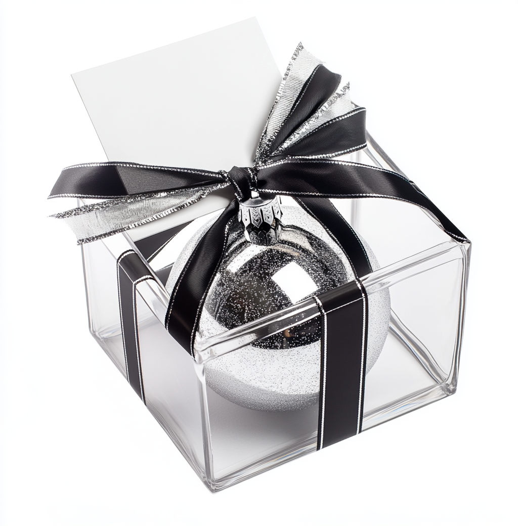 Transparent gift box, silver ribbon, black ribbon, silver sphere.