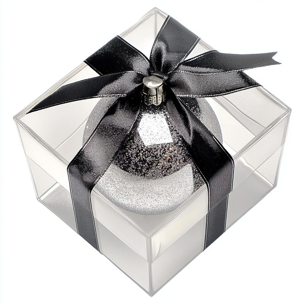 Transparent gift box with ribbon, glass Christmas sphere inside.