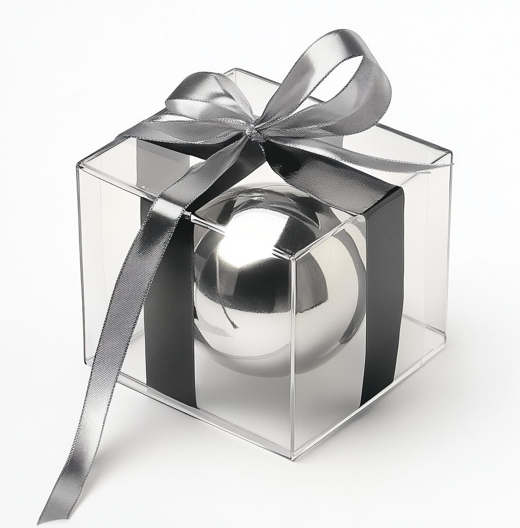 Transparent gift box with silver and black ribbon, christmas sphere.