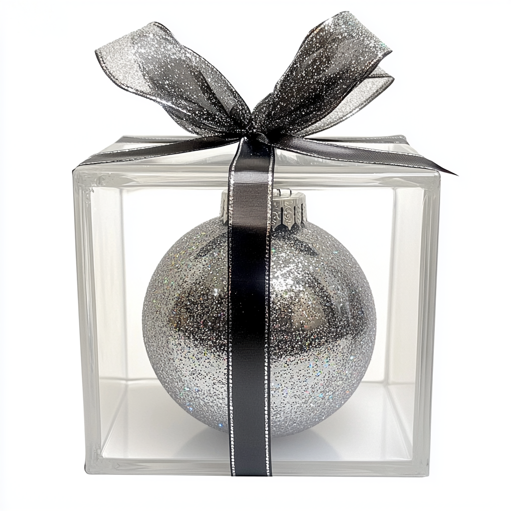 Transparent gift box with silver ribbon and black sphere.