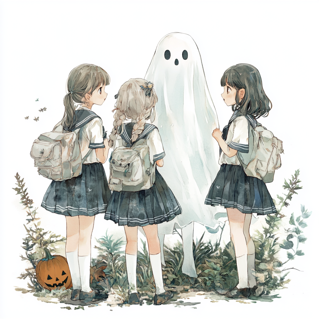 Transparent girl ghost with Halloween costumes, behind girls.