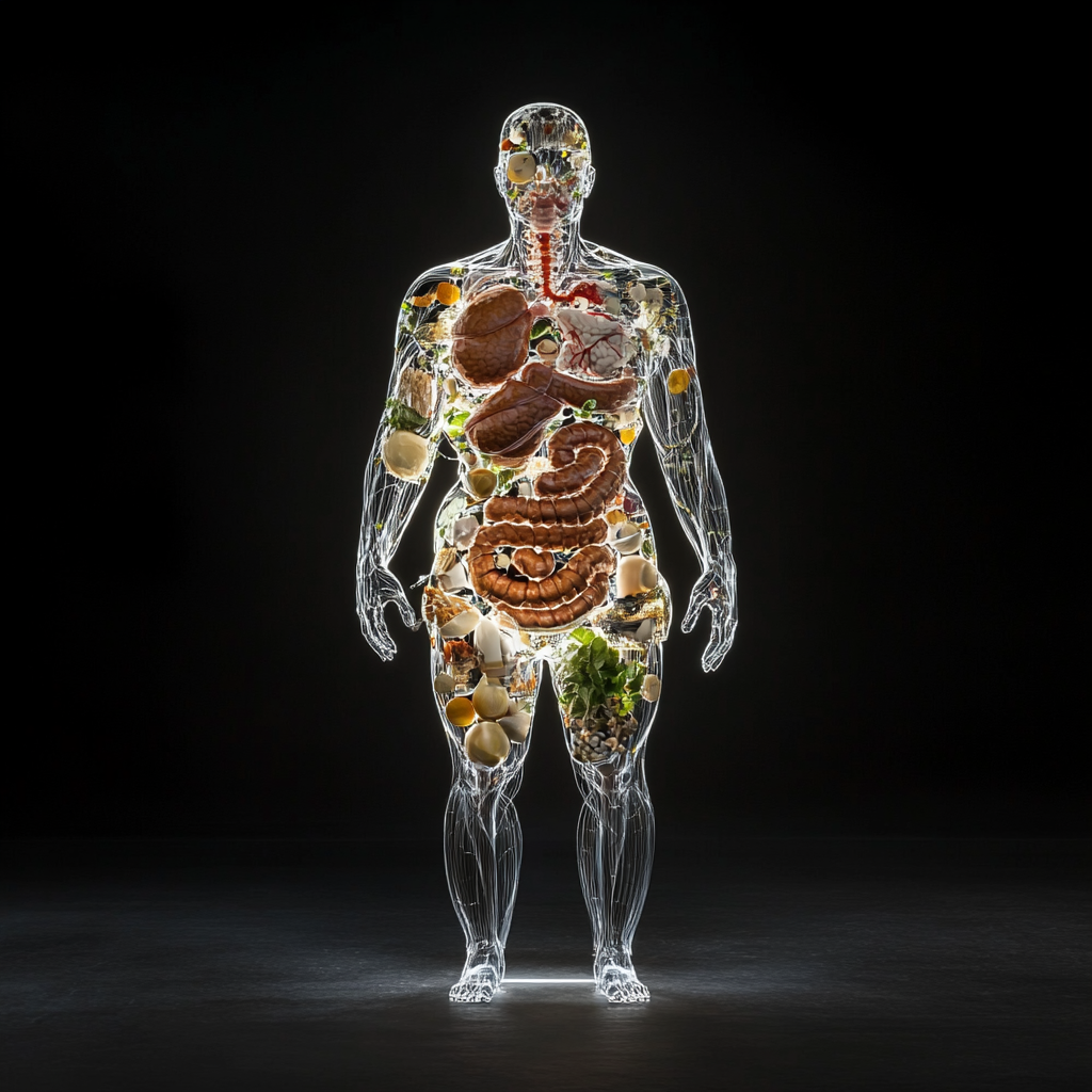 Transparent human shows digestive system made of food.