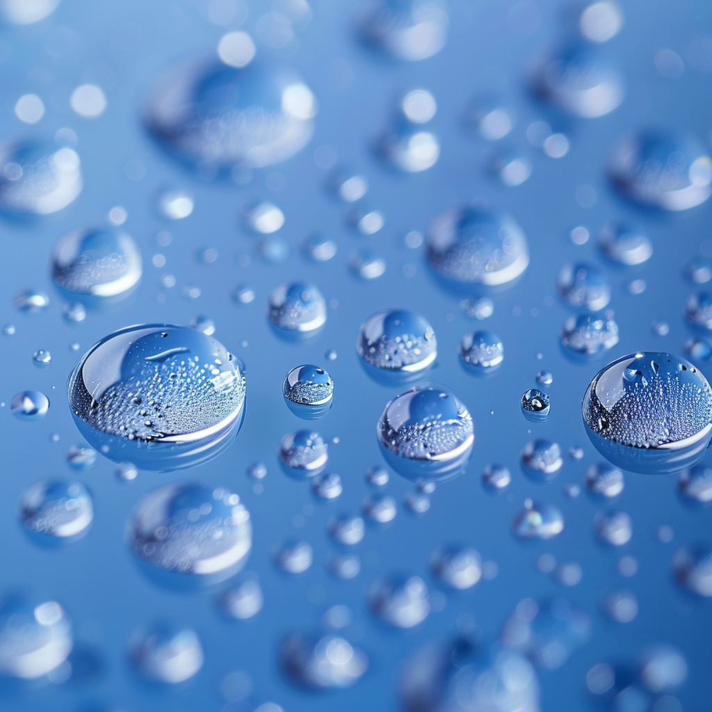 Transparent water droplets on medium blue backdrop.