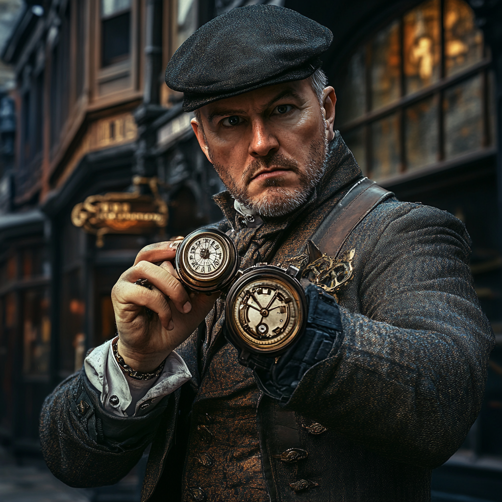 Traveler in Victorian London, adjusting wrist device, detailed background.