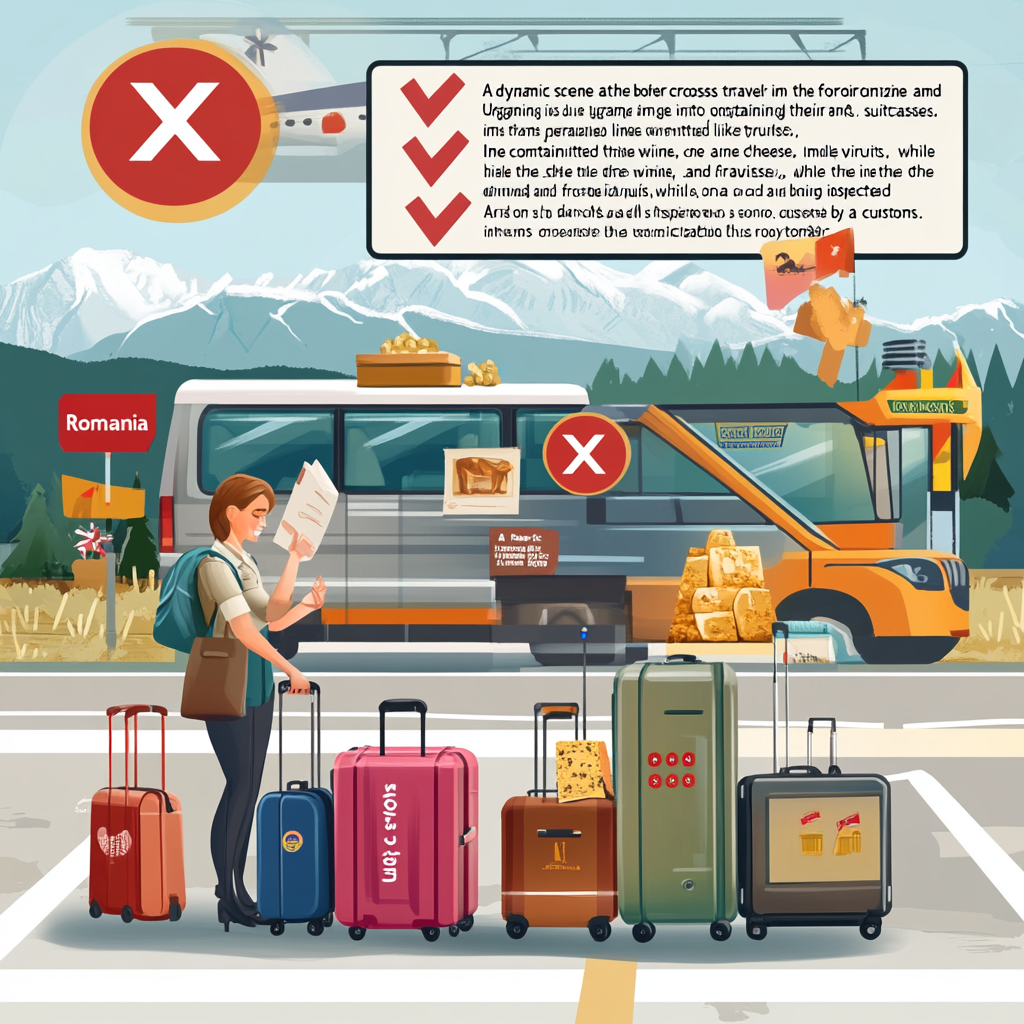 Traveler with 2 suitcases: one permitted, one inspected. Green check, red 'X' symbols. Border sign with flags, mountains, blue sky.