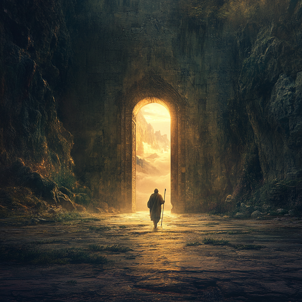 Traveler with staff walks to ancient open door, sunlight.