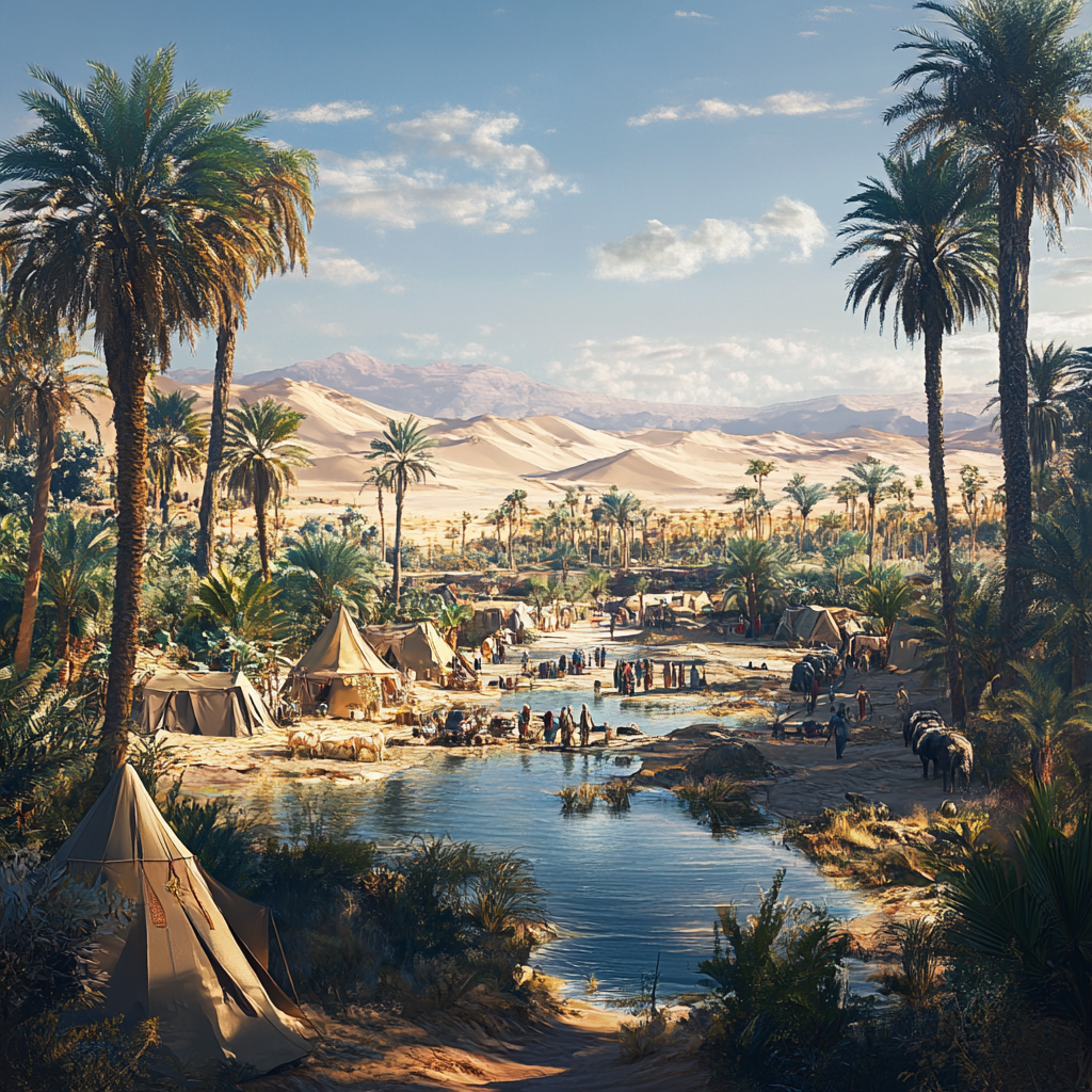 Travelers Arriving at Desert Oasis with Pool and Tents