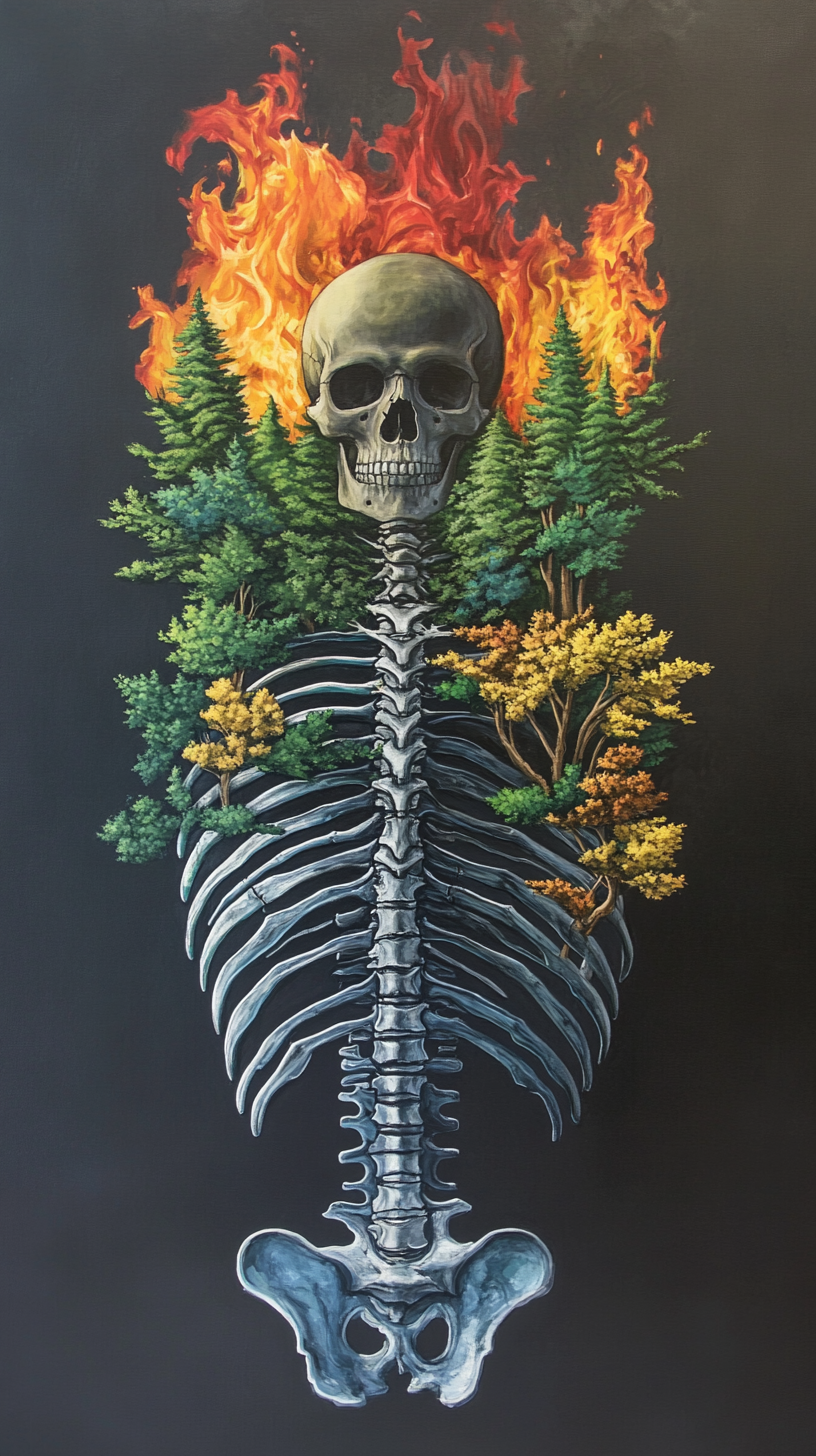 Trees growing from human spine, skull showing through.