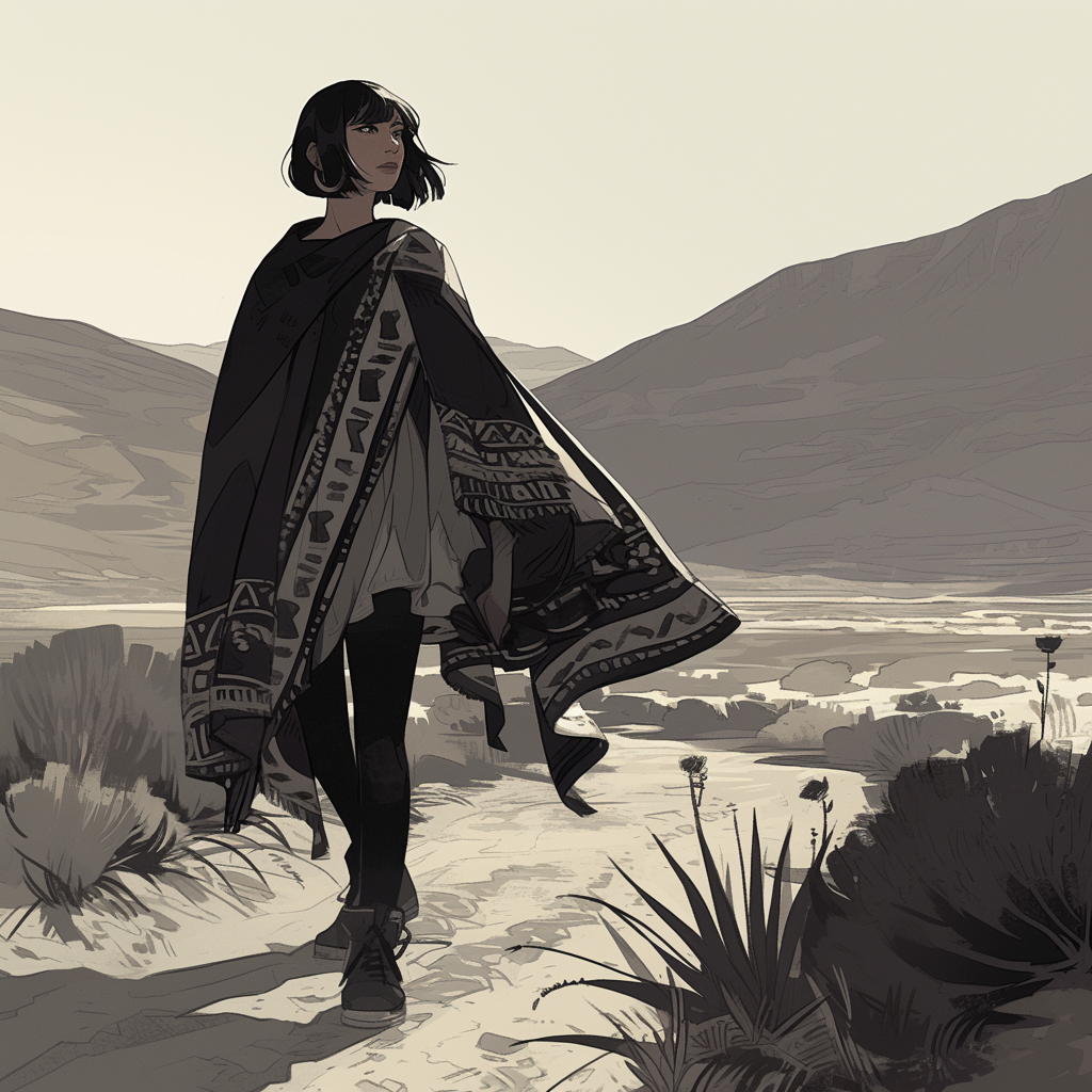 Trekking Mexican woman with bob haircut in desert scenery.