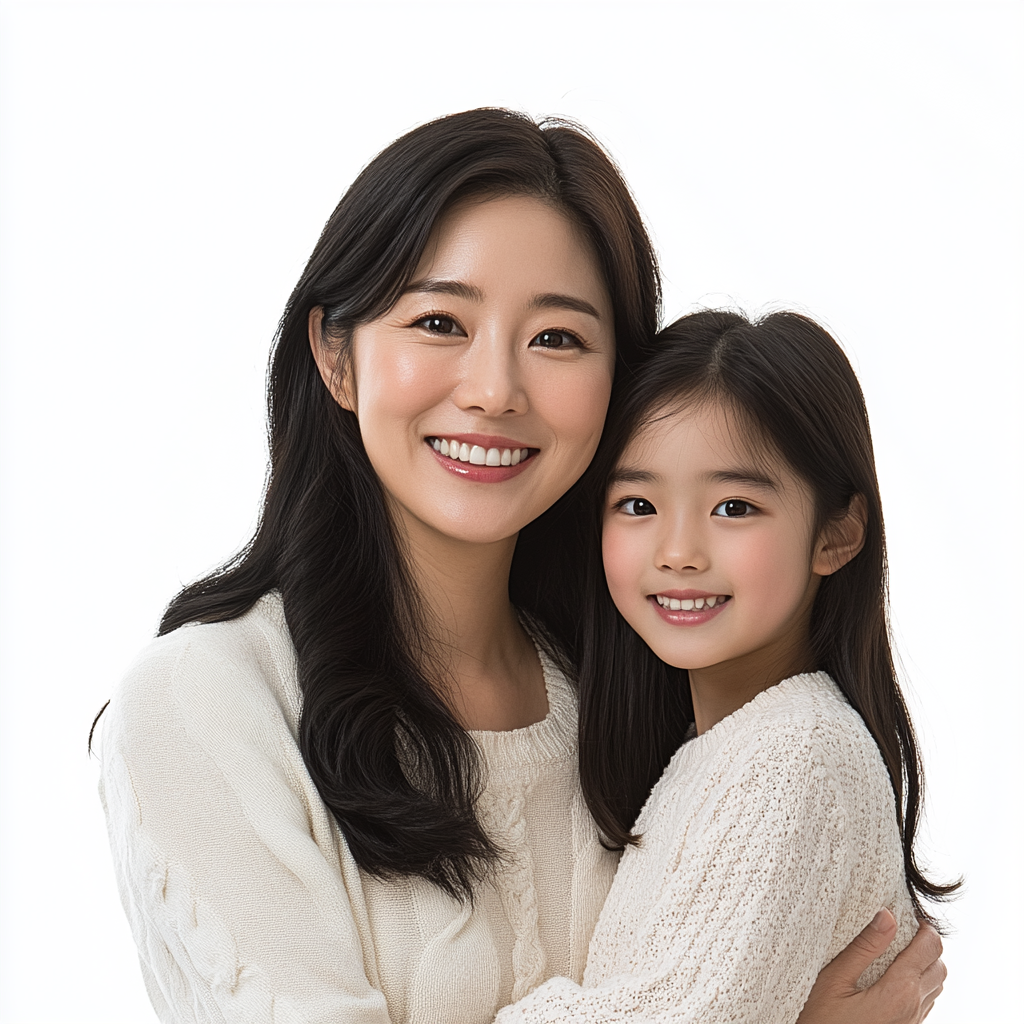 Trendy Korean woman in her 40s with daughter.