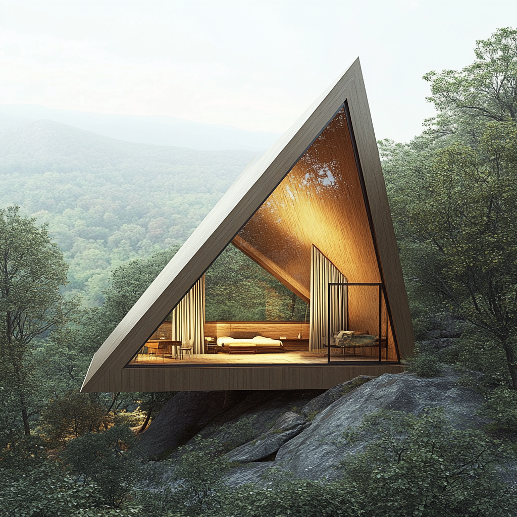 Triangle cabin, angled mountainside with full-length window curtain.