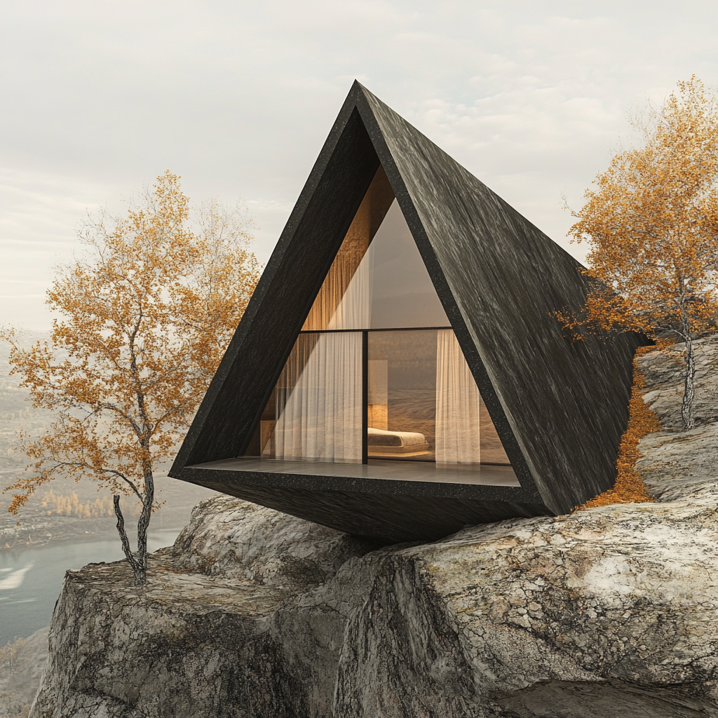 Triangle cabin with window curtain on mountainside.