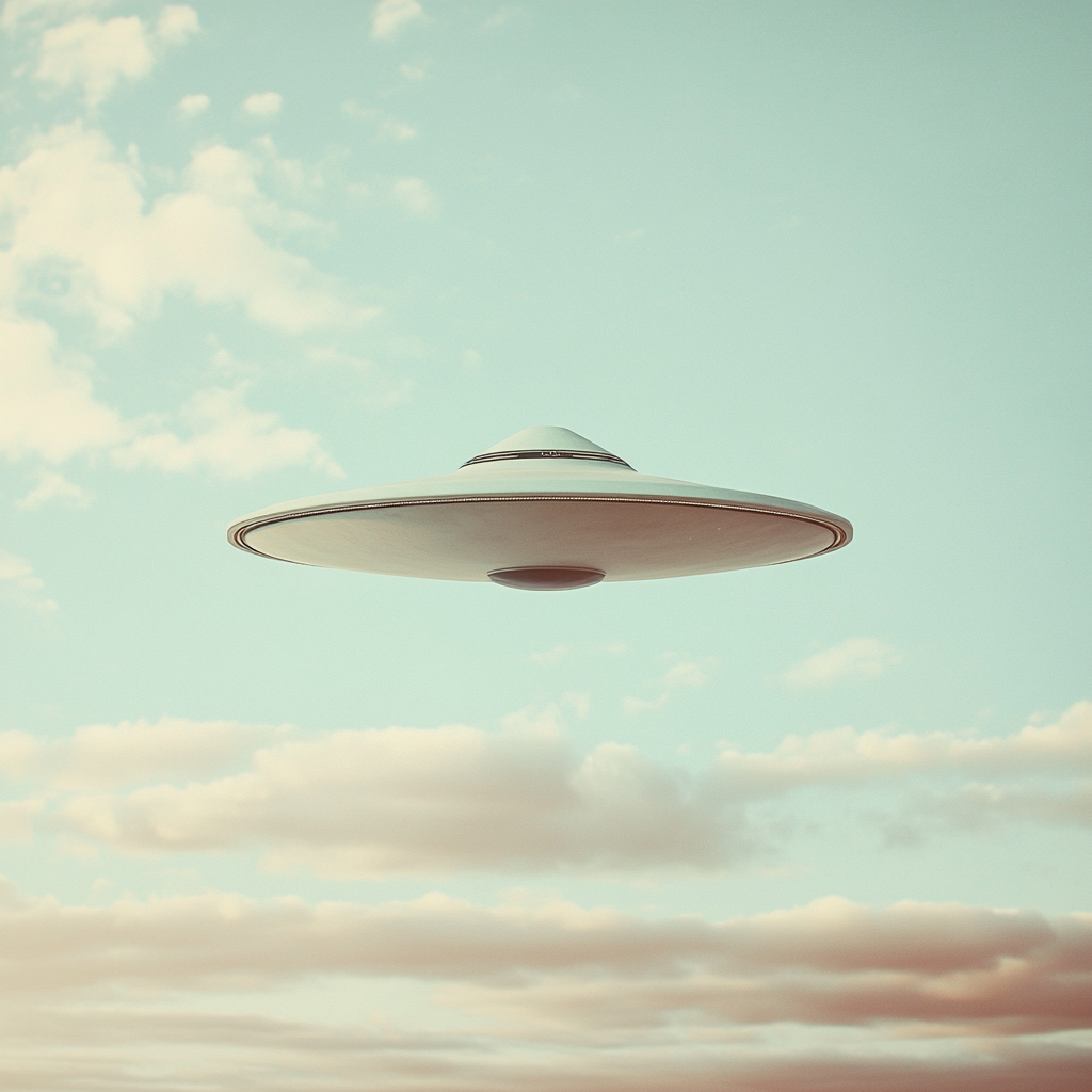 Triangle flying saucer in blue sky, 70s style art.