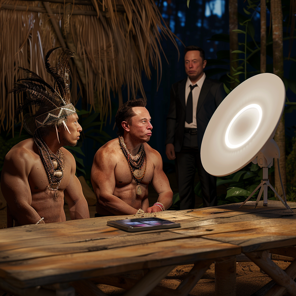 Tribal group views Elon Musk on tablet screen.