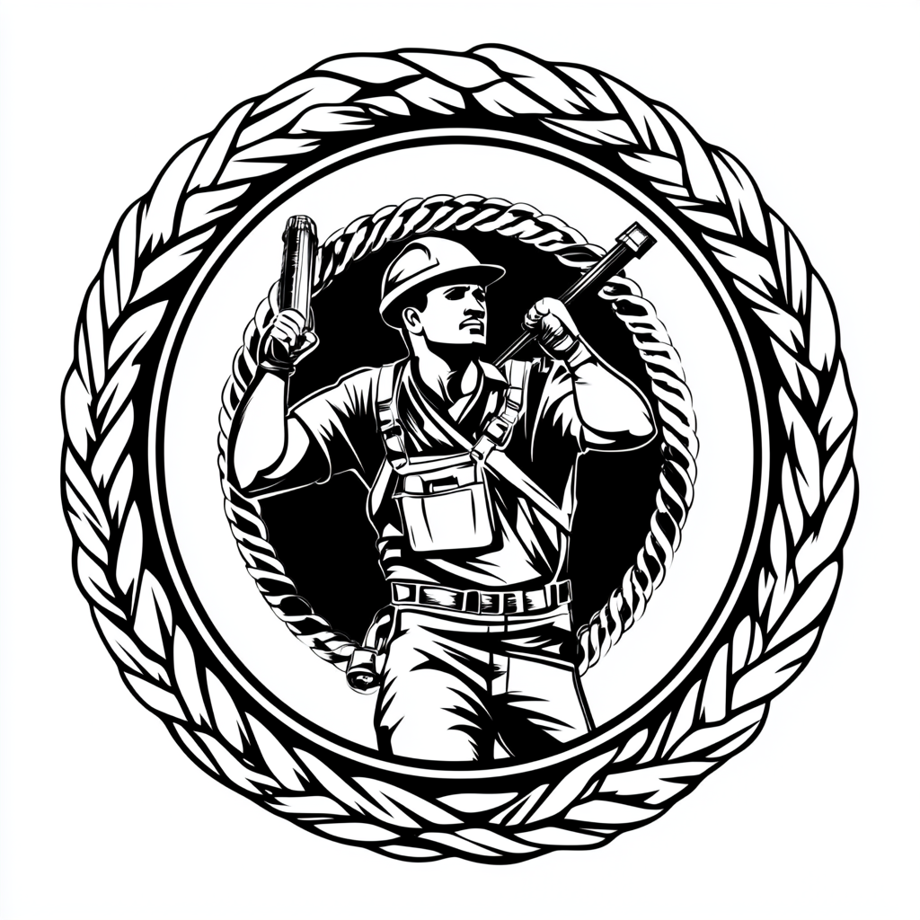 Triumphant ironworker logo with rebar border, black and white.