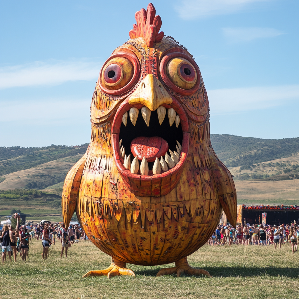 Trojan Wooden Crazy Chicken Decor at Ozora Festival