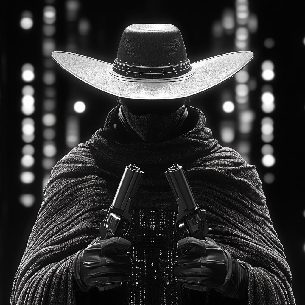 Tron cyberpunk cowboy with hat, poncho, and revolvers.