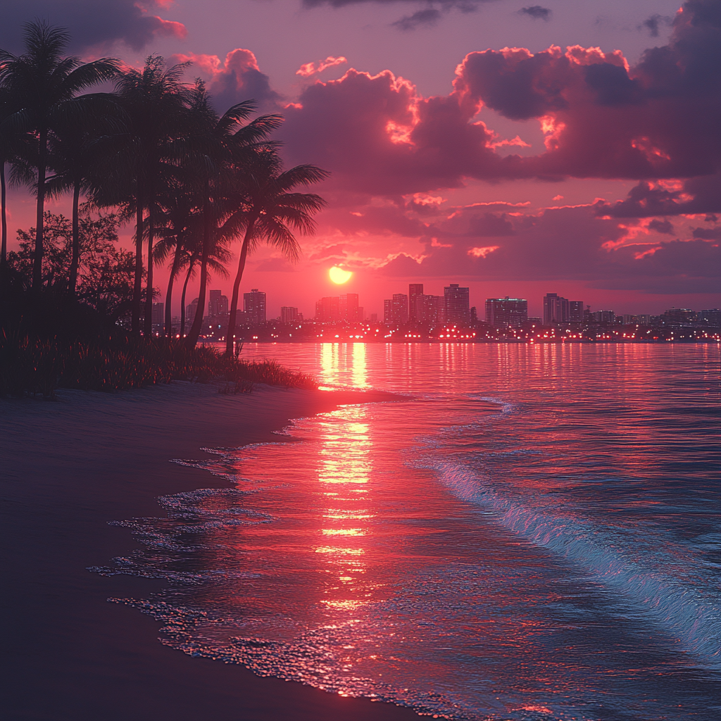 Tropical Beach Sunset with Palm Trees and City Lights