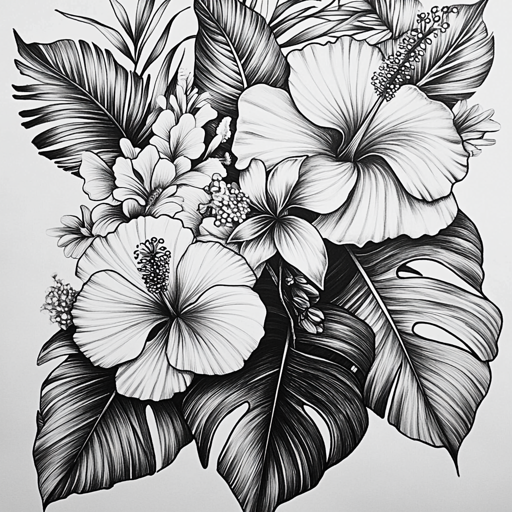 Tropical Black & White Flower and Leaf Scene