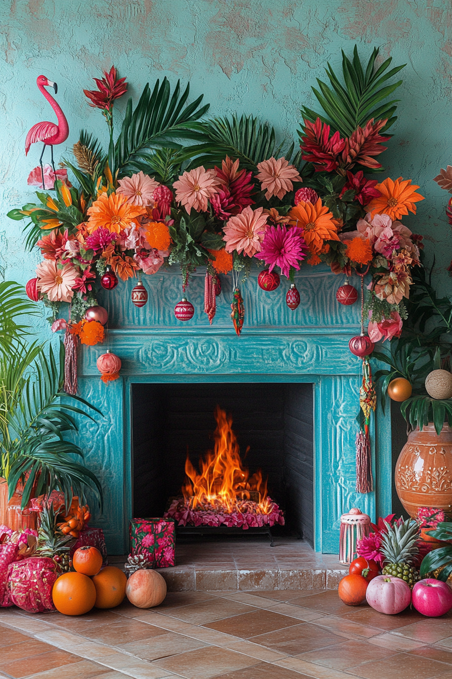 Tropical Christmas Fireplace Bursting with Festive Color