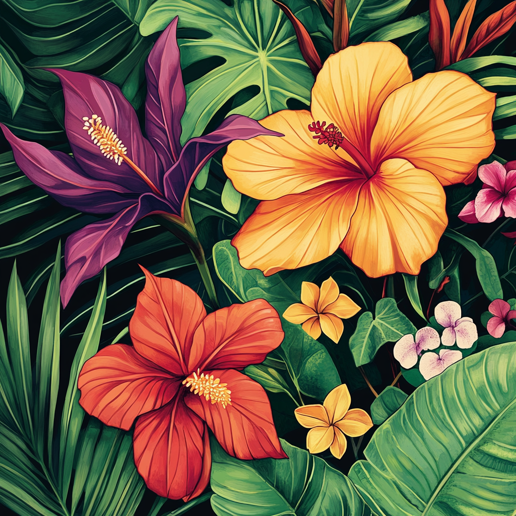 Tropical Island Flower Scene with Bold Blooms