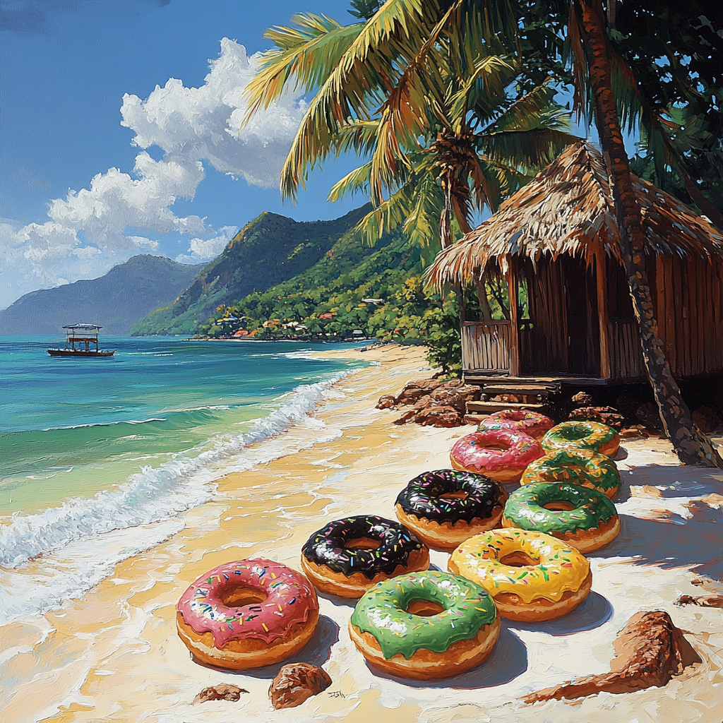 Tropical Jamaica Beach Hut with Colorful Donuts