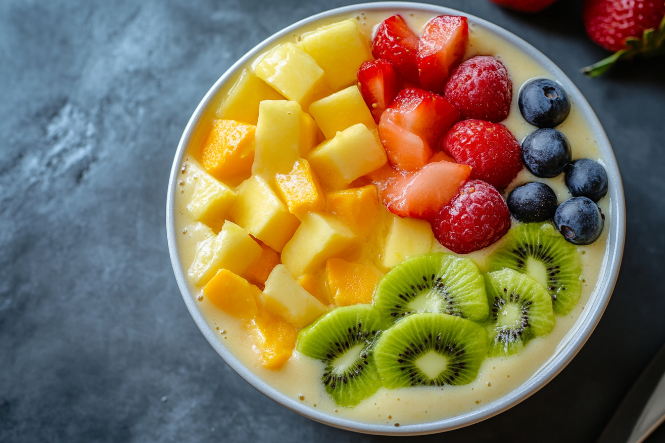 Tropical Smoothie Bowl photography with luxurious lighting.