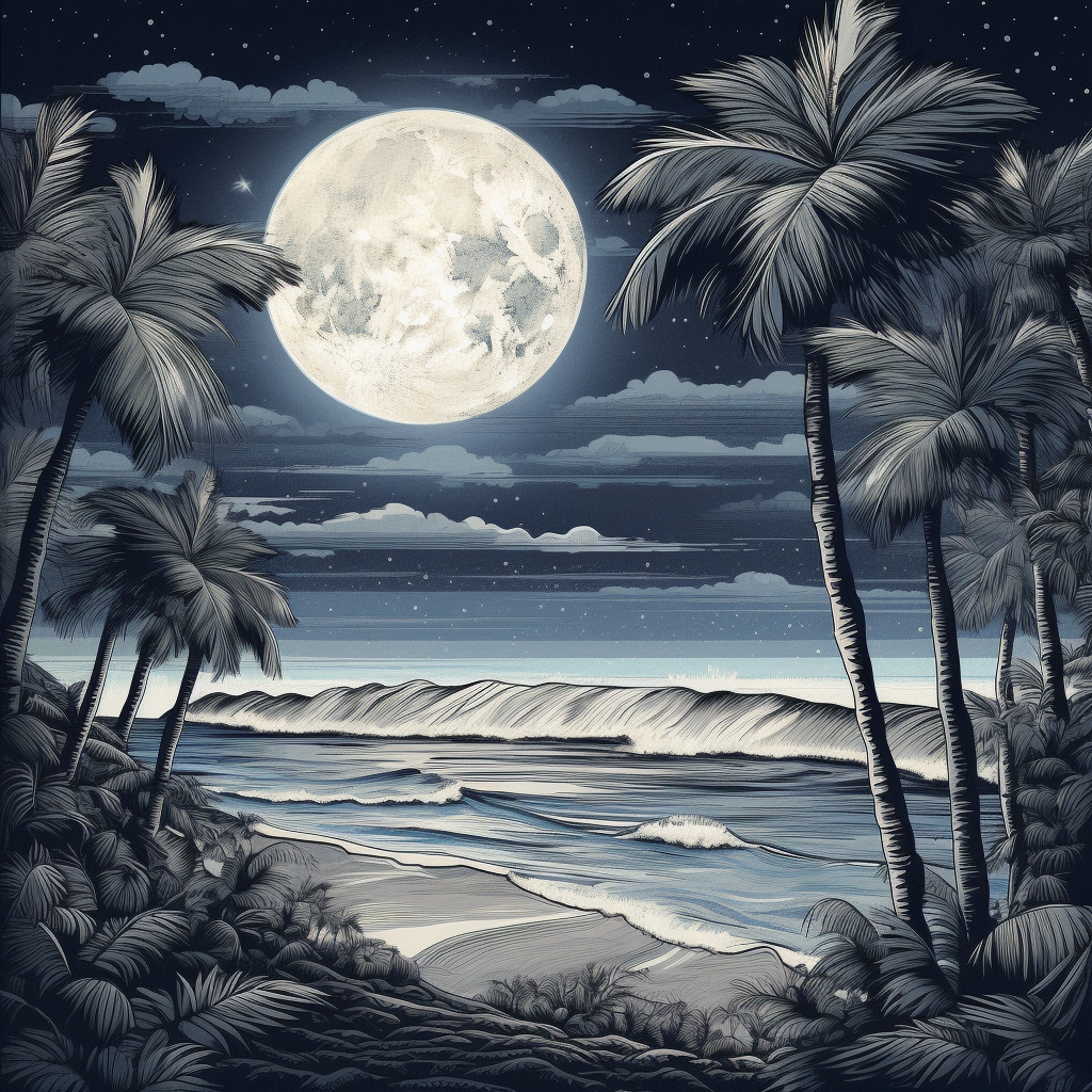 Tropical beach scene with palm trees under full moon.