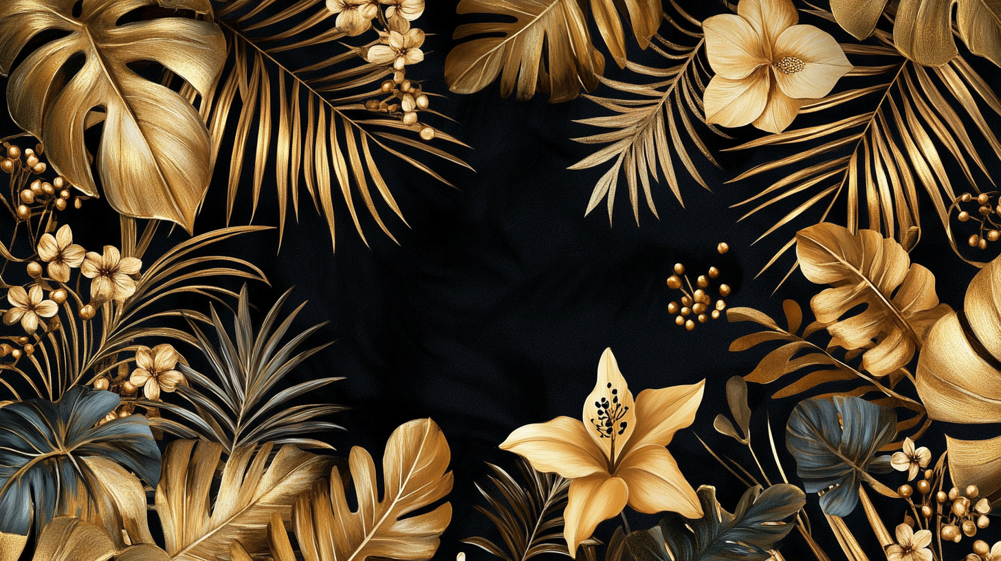 Tropical flowers and foliage on metallic gold wallpaper.