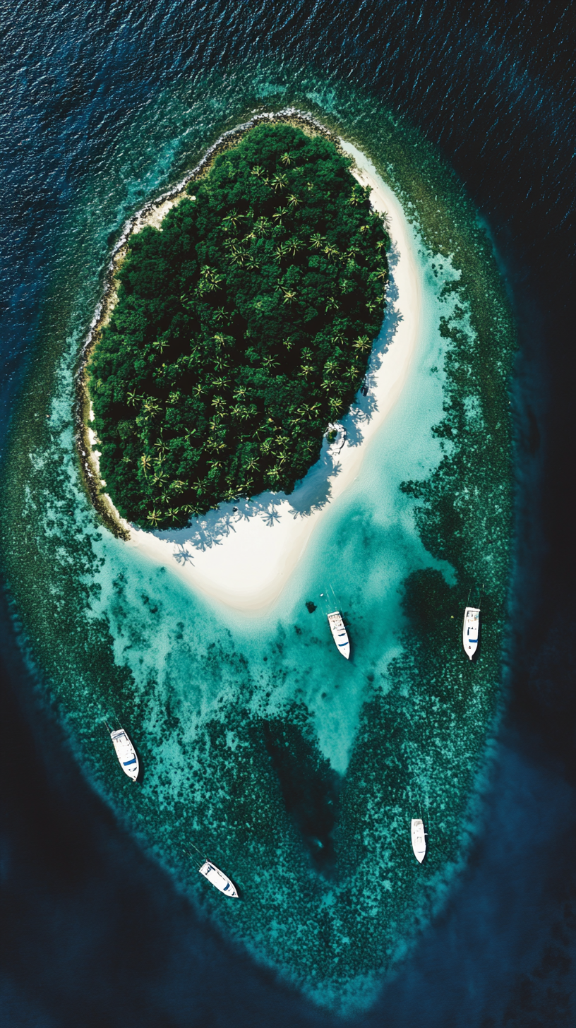 Tropical island shaped like teardrop with white sands