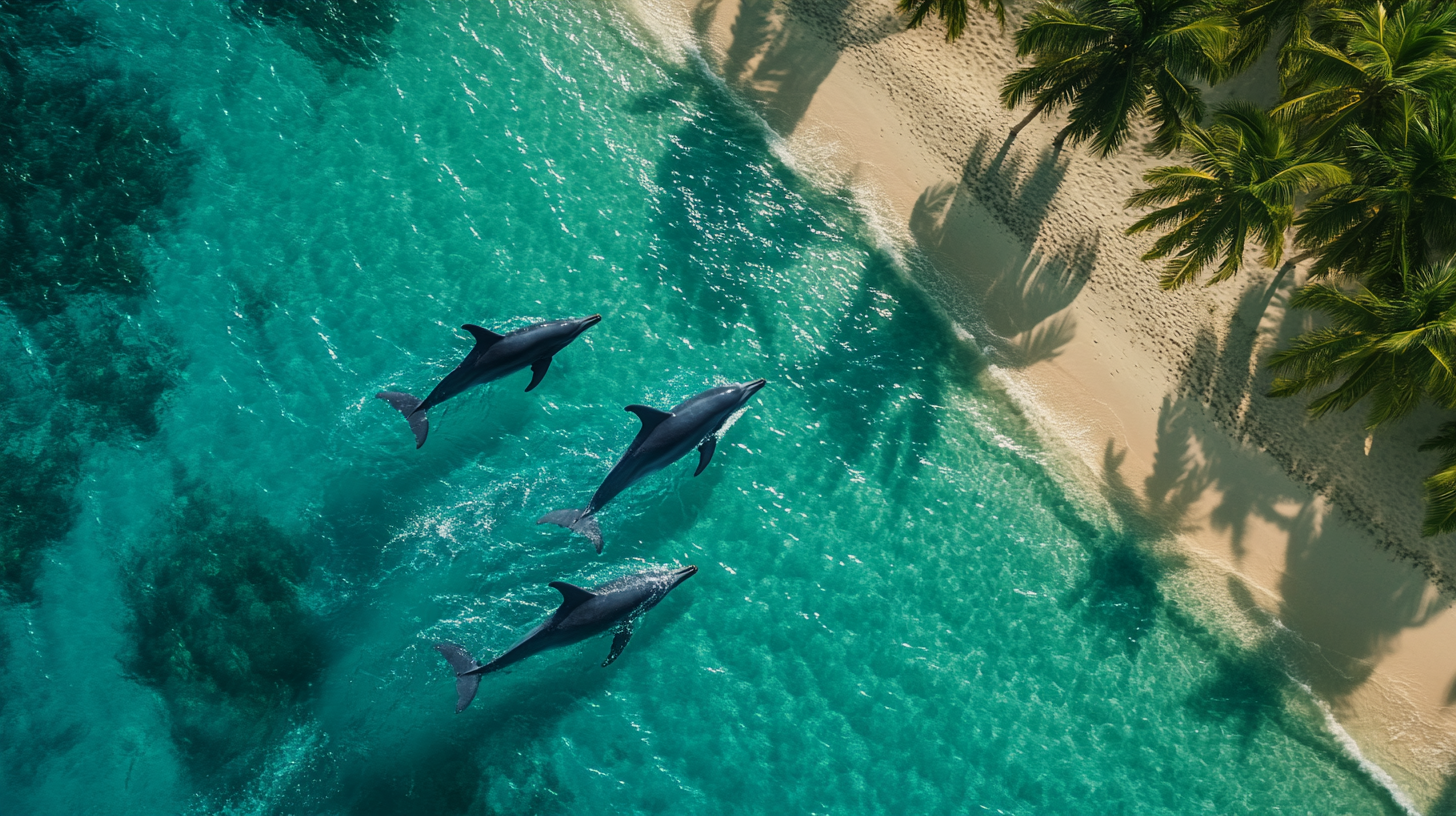 Tropical island with dolphins swimming in blue ocean.