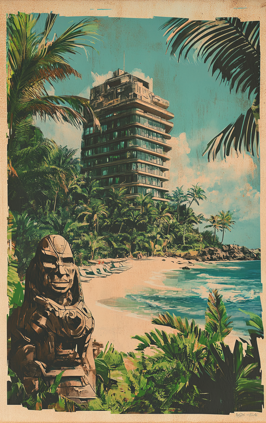 Tropical seaside hotel with Star Trek statue, jungle beach.