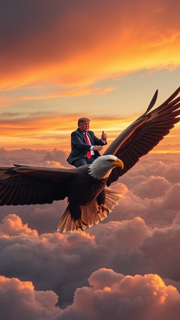 Trump on majestic eagle soaring in sunset sky.