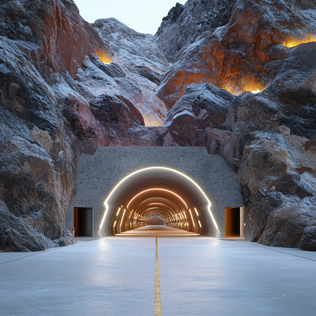 Tunnels at base of mountain, glowing colored entrances.