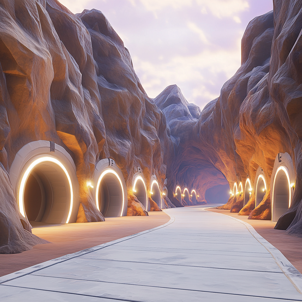 Tunnels with colorful entrances near mountain base, Fortnite style