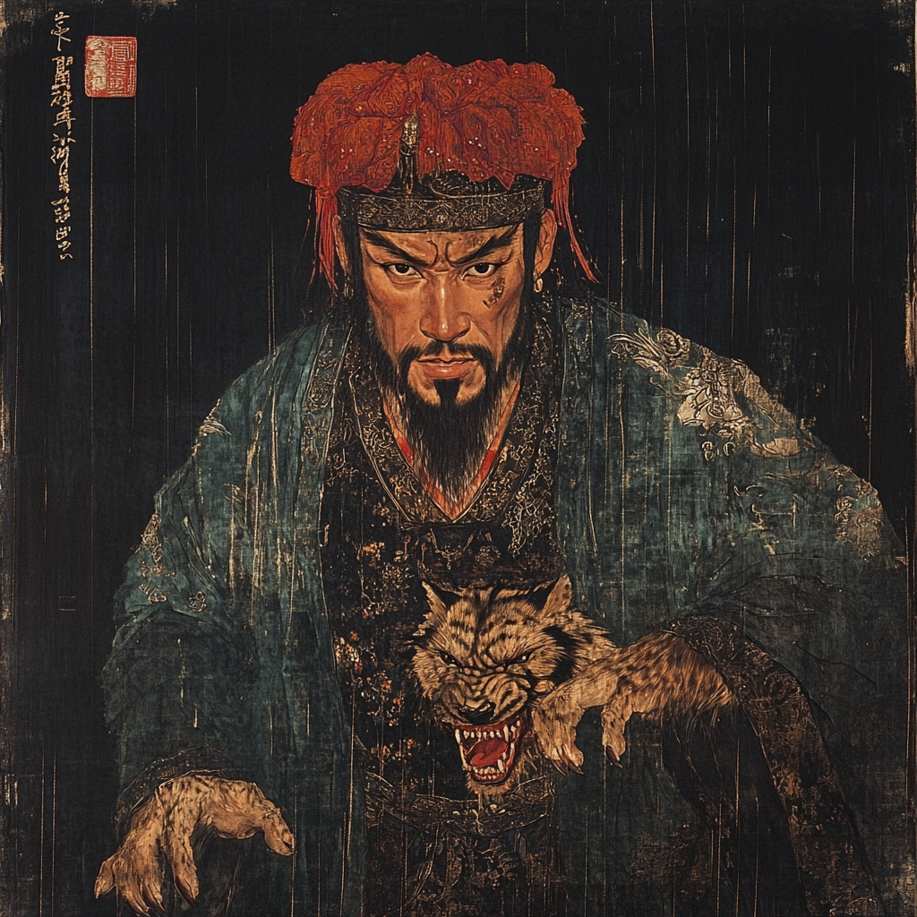 Turban with red tassels, wolf waist, ape arms. Deep blue robe, ancient China men portrait.