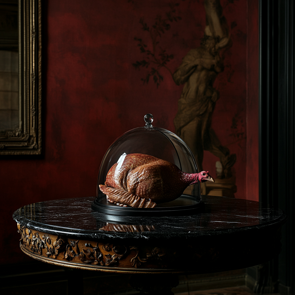 Turkey under glass dome on black table, red walls.