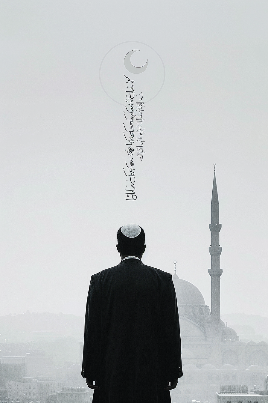 Turkish Imam's Spiritual Serenity: Mosque, Skyline, Crescent Moon