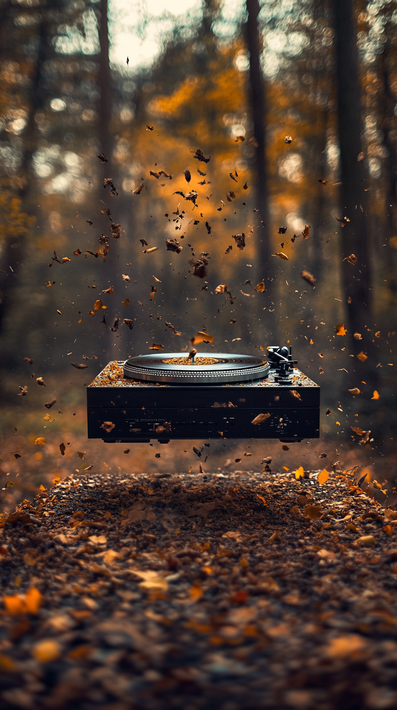 Turntable explodes, debris flying, forest background, depth of field.