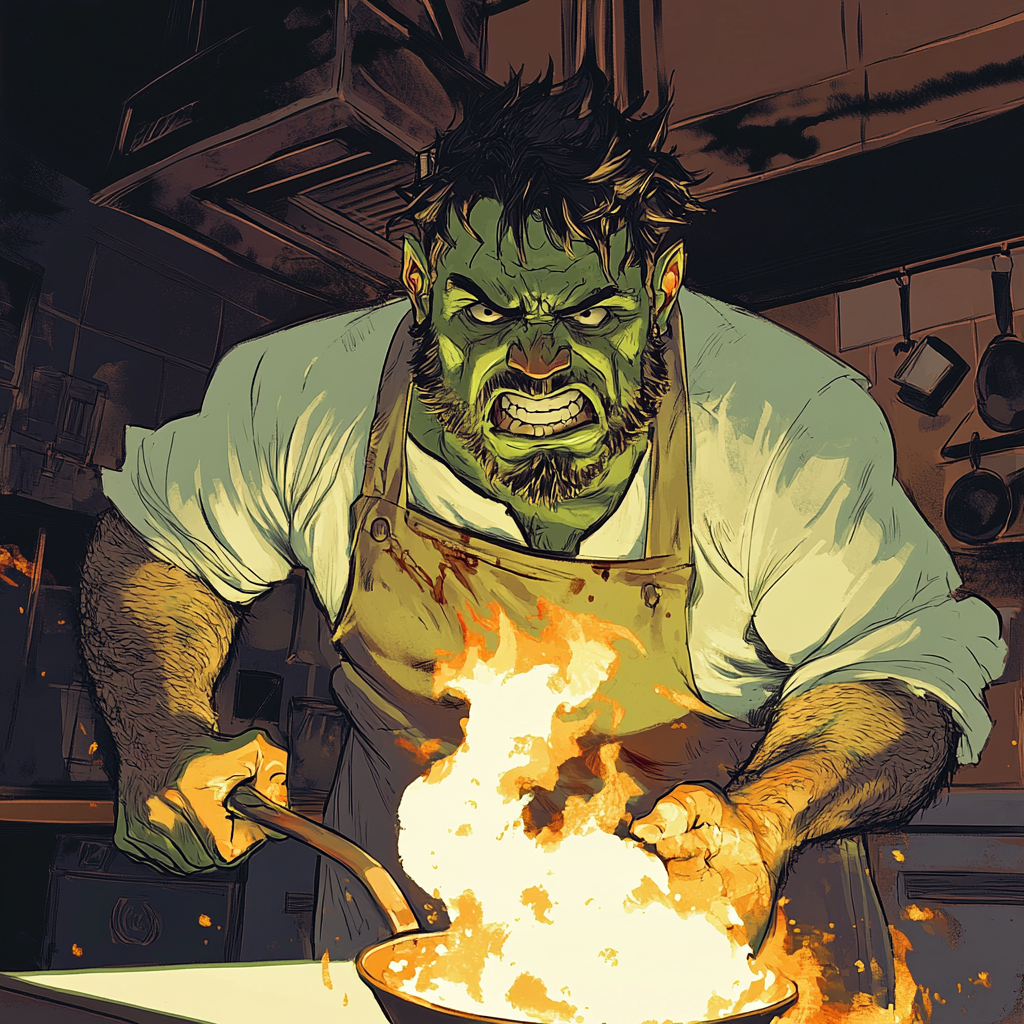 Tusked green chef panics in flaming kitchen