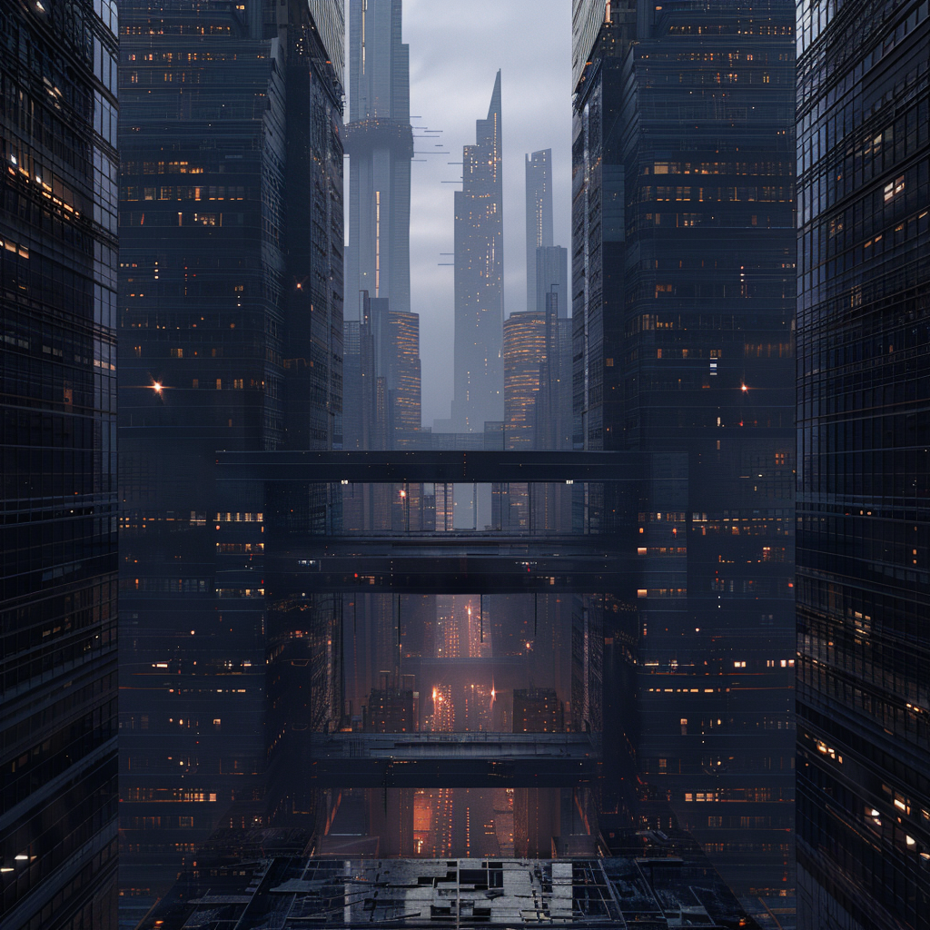 Twilight dystopian cityscape with towering megastructures in 8k.