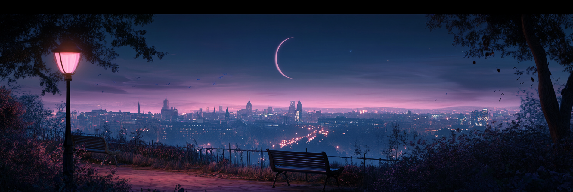 Twilight landscape inspired by movie Lalaland, with city lights.