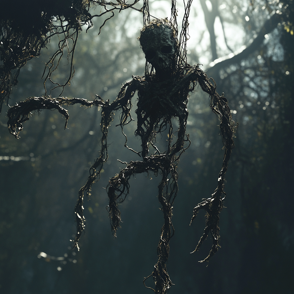 Twisted marionette monster hangs from cypress swamp branches.