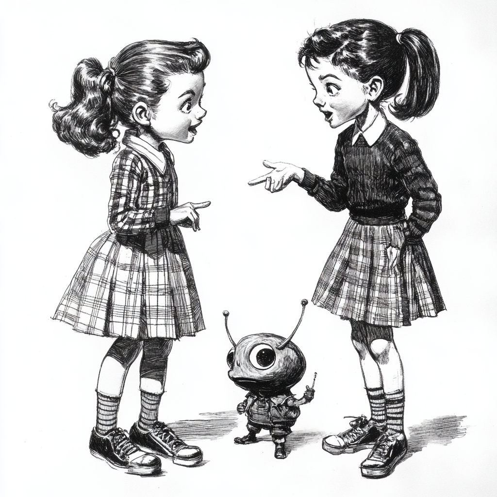 Two 1950s schoolgirls giggle at cute alien