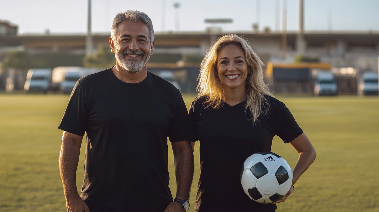 Two 50-year-old people smiling at camera in stadium.